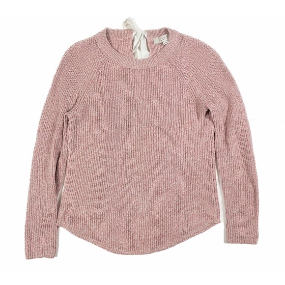 LOFT Pink Heathered Ribbon Tie Back Crew Neck Knit Sweater Women's Size XS - Picture 2 of 6